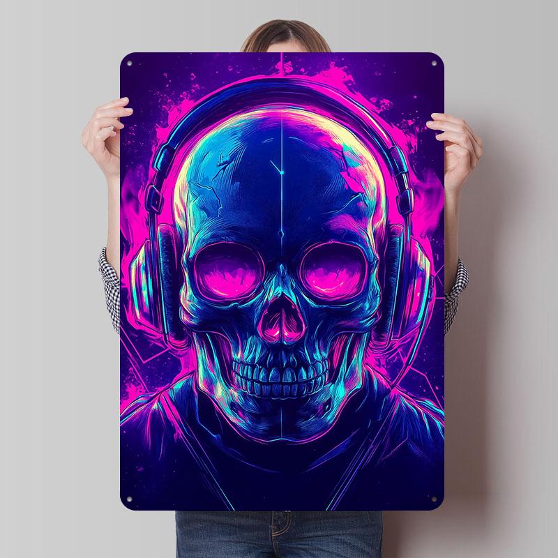 Neon Skull With Headphones Tinplate Posters Customizable Wall Art Retro Vintage Metal Signs for Home Room Decoration Aesthetic