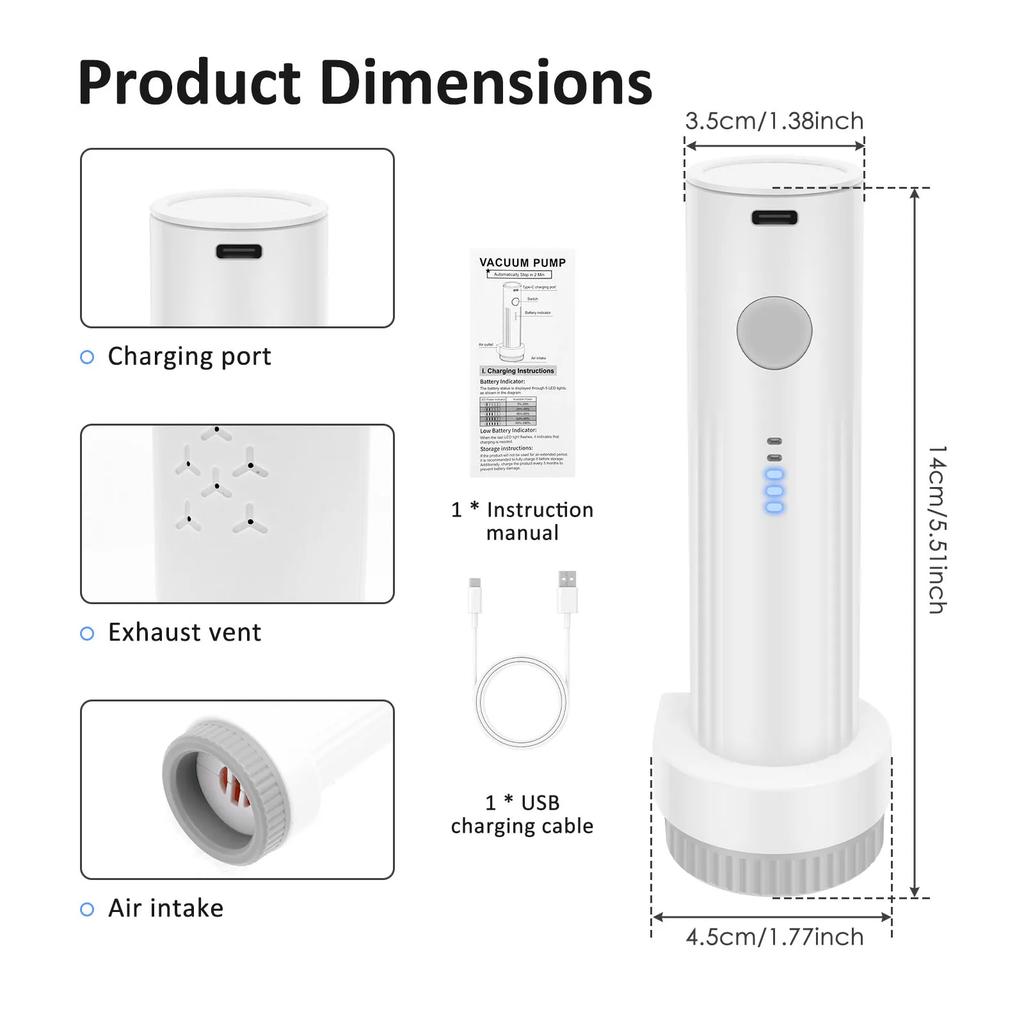 Electric Air Pump for Vacuum Seal Bag Travel Compression Packing Portable USB Rechargeable Space Saver for Clothing Organizer