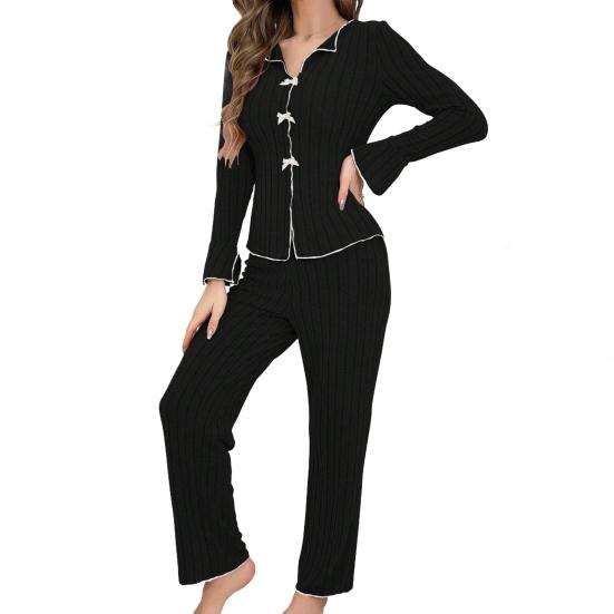 Women's 2 Piece Pajama Set Long-Sleeve Top with Bow And Long Pants Sleepwear Set Casual Fall Loungewear Pjs Set