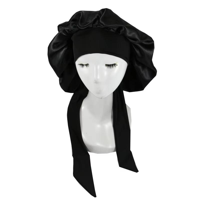 

Women Big Size Satin Cap for Sleeping Hat Night Sleep Cap Hair Care Silk Bonet Stain Hair Cap for Women Curly Springy Hair чорний