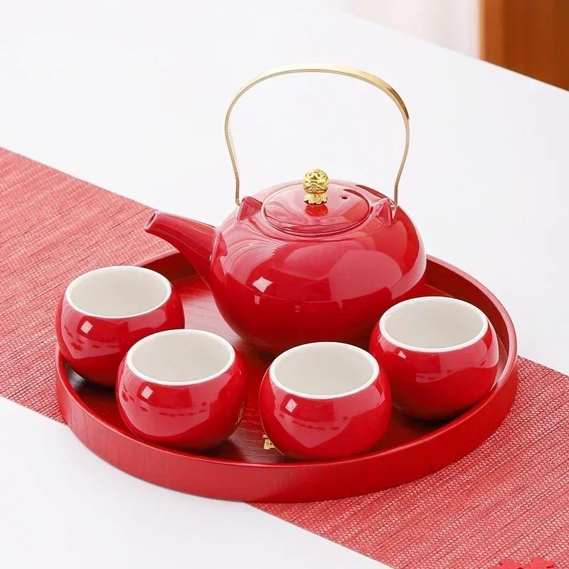 Red Ceramic Tea Set, Chinese Wedding Tea Set, Handmade Tea Pot Set, Special Customized Home Porcelain Beauty Tea Cup Set