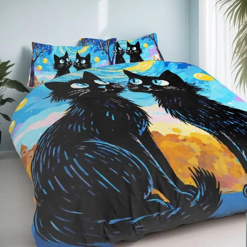 Cute Black Cat Starry Night Bedding Set 3D Print Duvet Cover Pillowcase Van Gogh Inspired for Teens Adults, Twin/Queen/King Size