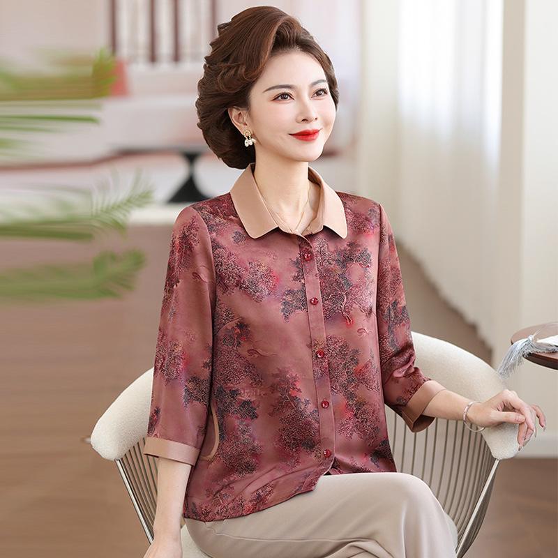 2026 Stylish Spring/Summer Seven-Sleeve Printed Shirt for Middle-Aged and Elderly Women