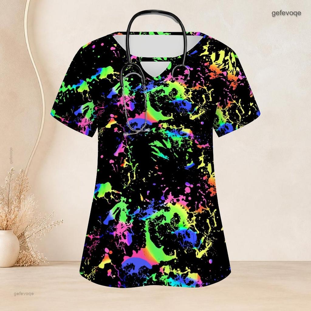 Women Plus Size Keyhole Neck Short Sleeve USA Flag Printed Nurse Scrub Top With Front Pockets