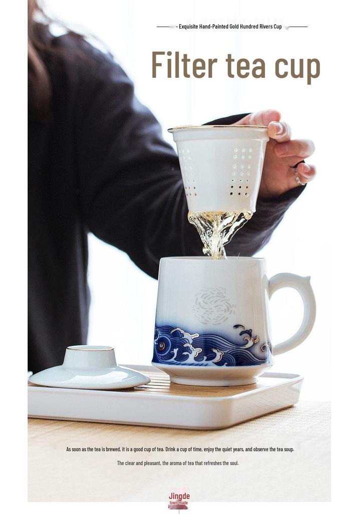 Handmade Blue and White Ceramic Office Mug with Filter - Large Capacity Tea Cup