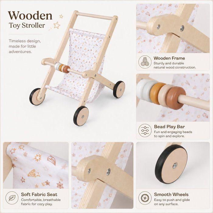 Landau en bois pour poupée - GINGER HOME - GINGER HOME - 34x46x49,5 cm - Bois naturel - Panier textile