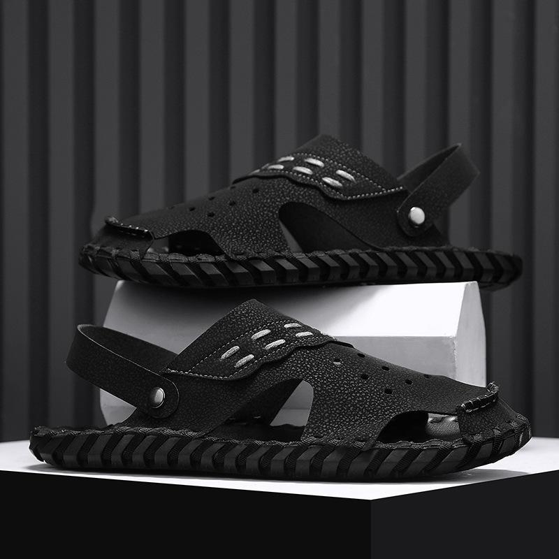 

Летние Новые Мужские Модные Кожаные Шлепанцы Ретро Кожаные Повседневные Шлепанцы Уличная Крутая Пляжная Обувь Мужские Сандалии 44 чёрный