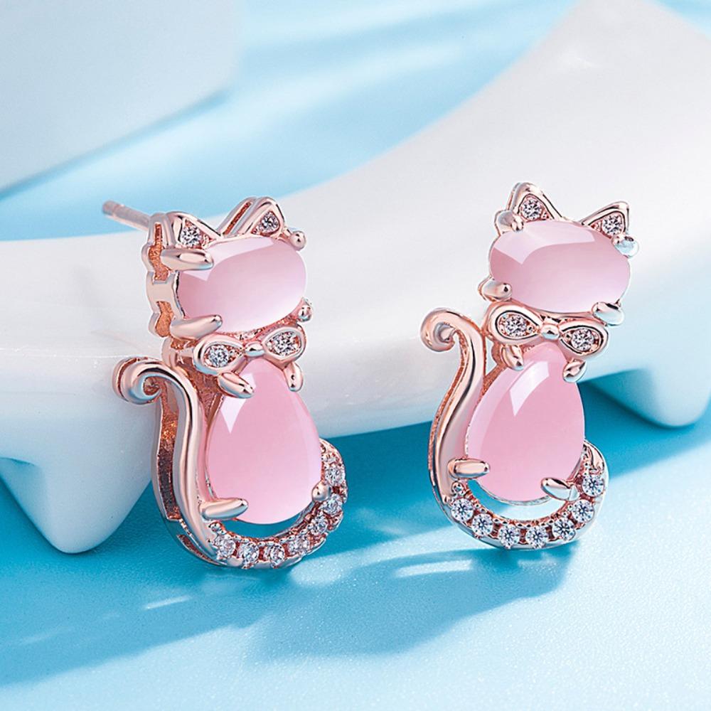 18K Rose Gold Plated Silver Cat Earrings Pink Quartz Imitation Cute Kitty Stud Earrings for Women Trendy Jewelry Gift