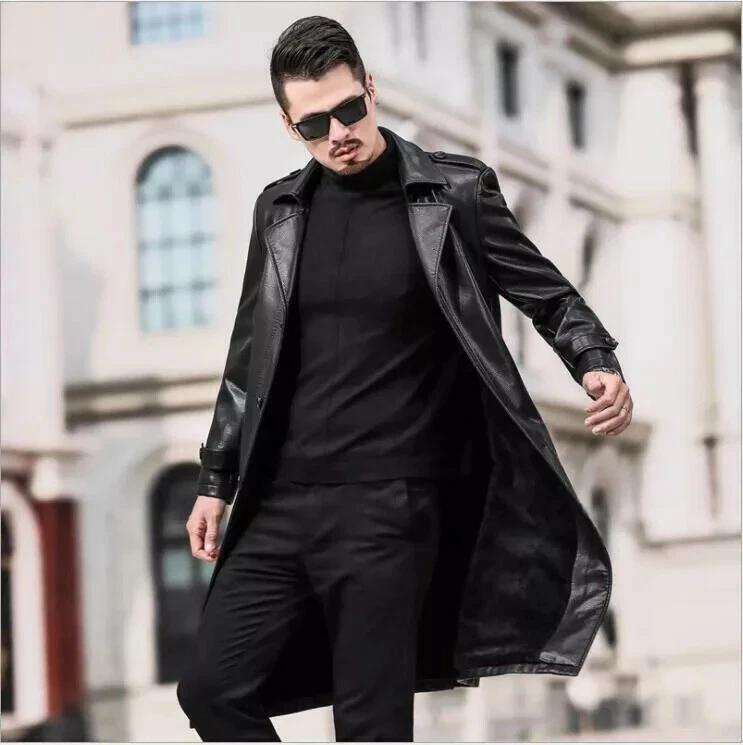 Lambskin Stylish Party Wear Fit Leather Black Genuine Men's Trench Coat Handmade