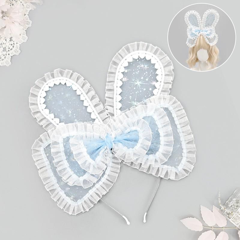 Handmade Lolita Rabbit Ear Headband With Tulle Bow Soft Plush Ears Sweet Kawaii Style Hair Accessory