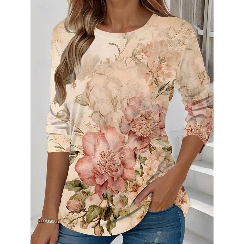 Fashion Summer Women's Floral Graphic Elegant Round Neck Long Sleeve T-Shirts Y2K Casual Tops Womens Clothing Harajuku Pullover