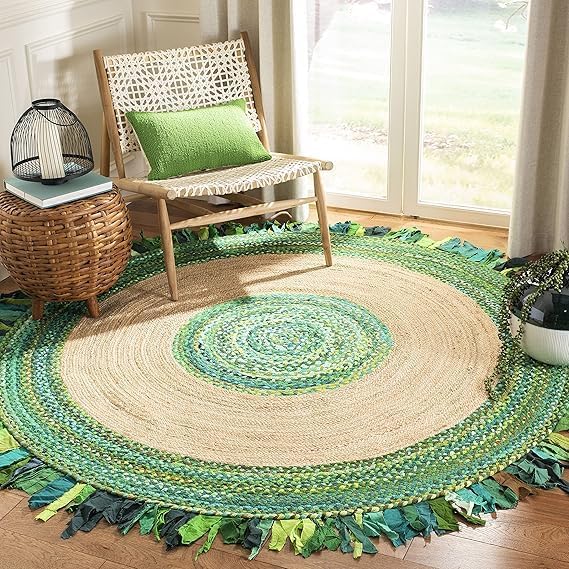 Aizza Trends Indian Handmade Braided Natural Jute and Cotton Round Floor Area Rug- Jute Rug- Dining Room- Living room-Center Table Carpet-Floor Mat