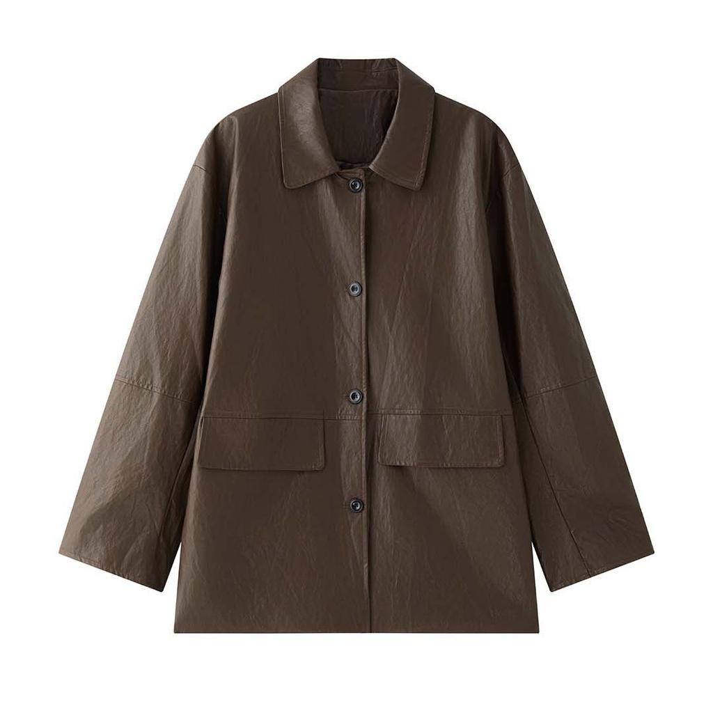 Johnature Korean-style Trendy PU Leather Jacket Loose Coat Winter Casual Versatile Lapel Coat For Women
