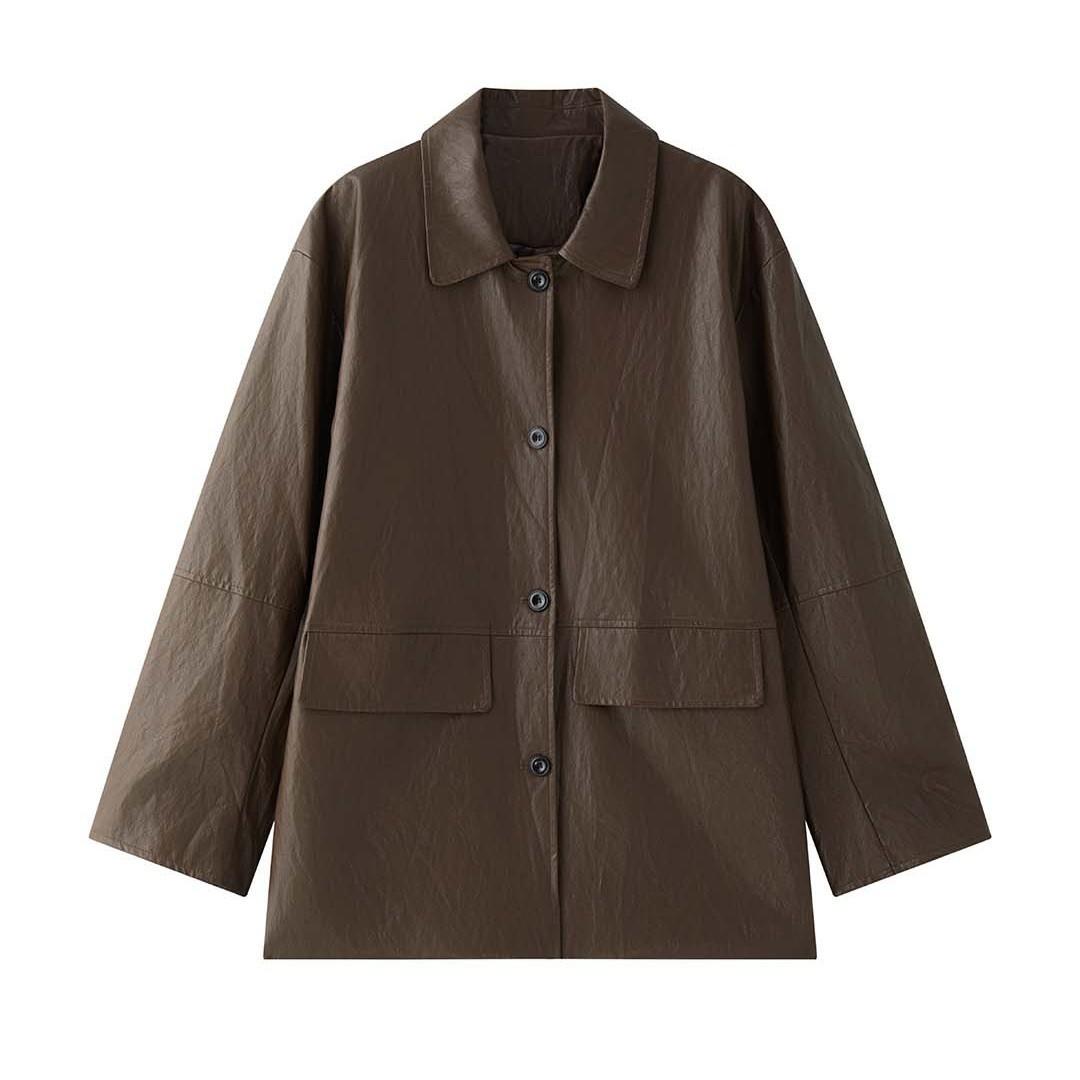

Johnature Korean-style Trendy PU Leather Jacket Loose Coat Winter Casual Versatile Lapel Coat For Women One Size кофейный