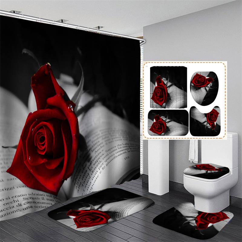 Valentine's Day Bathroom Bathing Waterproof Shower Curtain Home Entrance Doormat Bathtub 4Pcs Set Toilet Seat Cover Rugs Bath Non-Slip Floor Mat Love