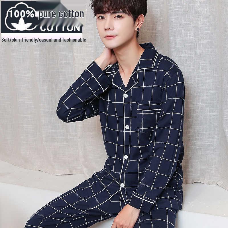Men's 100% Cotton Long Sleeve and Pants Pajama Set - Plus Size, Spring/Autumn, Loose Fit, Two-Piece Home Wear
