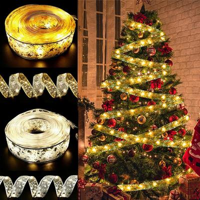 DIY 5m Christmas Ribbon Light Lace Bows Gift Package LED String Light New Year Navidad Christmas Tree Ornament