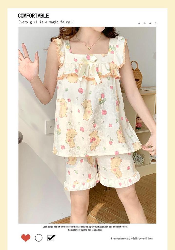 Women's Cloud Cotton Camisole Pajamas with Built-in Bra - Summer Sweet Style, Two-Piece Shorts Set, Wear Indoors or Out.