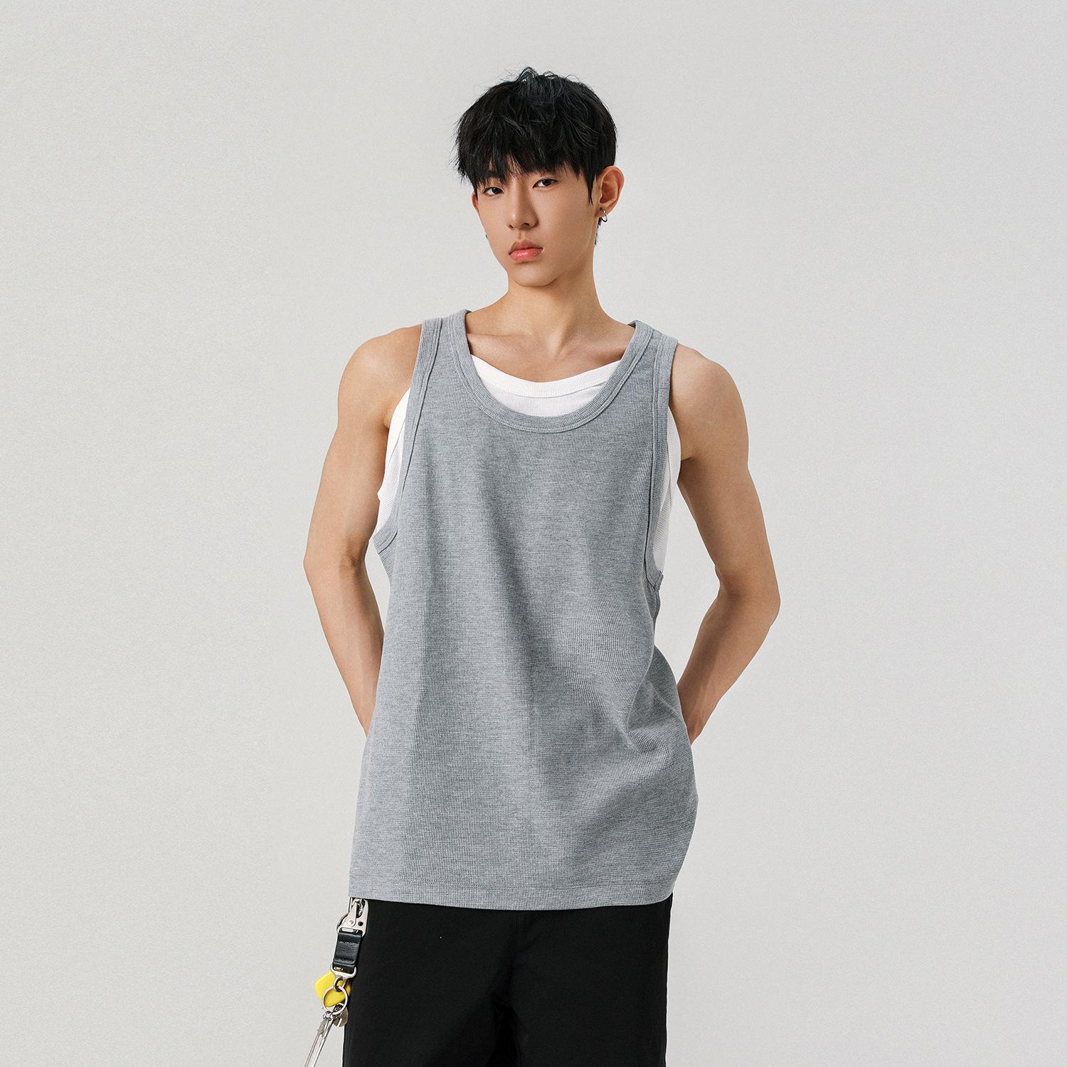 Men Loose Solid Fake Two Piece Waffle Sleeveless Casual Tank Top M