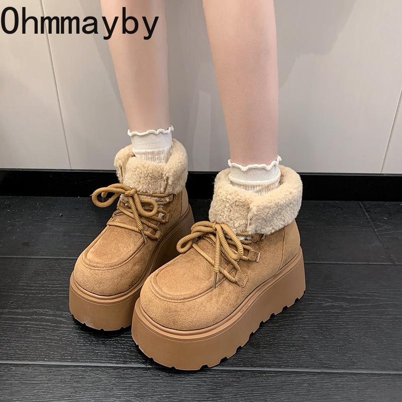 Winter Chunky Platform Heels Women Fur Snow Boots Keep Warm Height Increase Warm Cotton Short Booties Shoes  Mujer