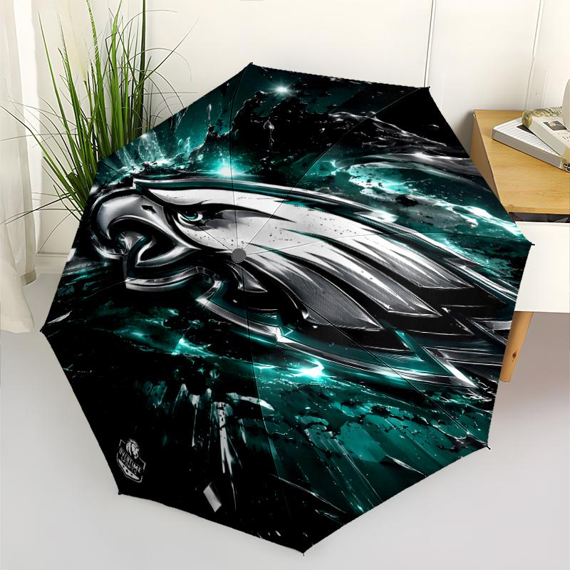 Philadelphia Eagles LOGO Print Automatic Umbrella, 8 Rib Iron Frame, Plastic Handle, Suitable for Outdoor Travel &Daily , Ideal Gift