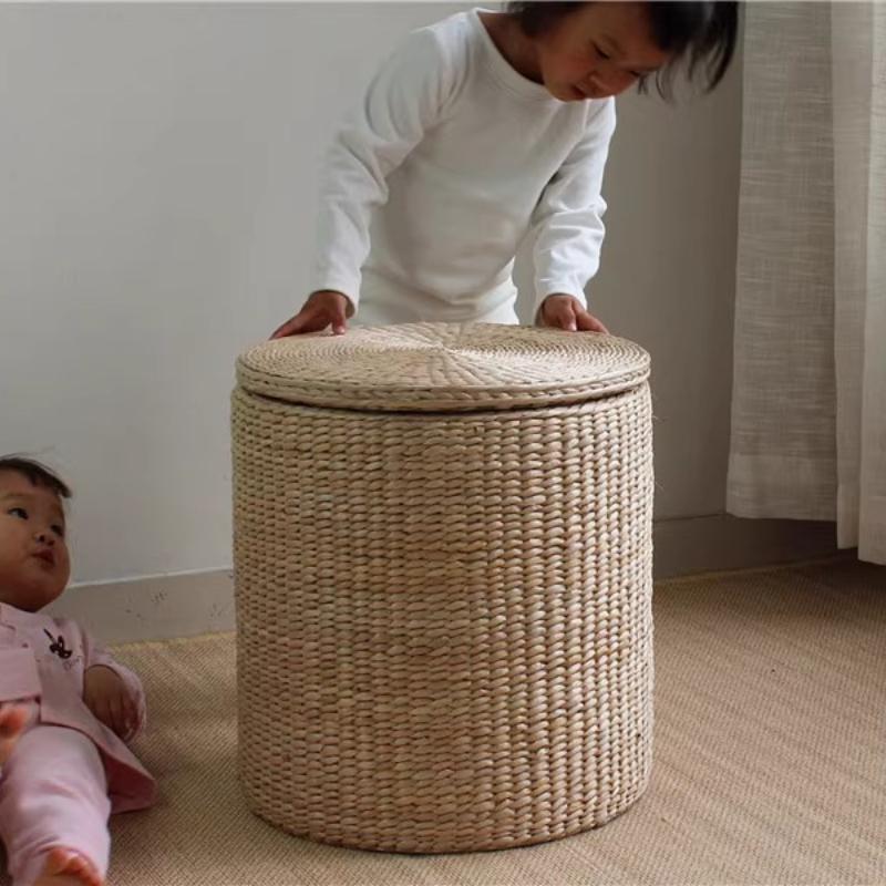 Multifunctional Home Shoe Bench Grass Woven Entryway Storage Stool Sitting Storage Box Wood Grain Pattern Organizer