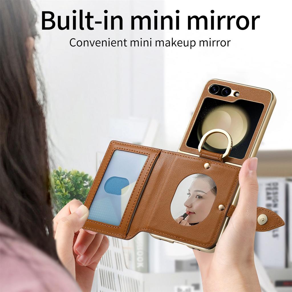Protective Dual Layer Bumper Phone Wallet Case for Samsung Galaxy Z Flip 6 Cases with Card Holder Built-In Mirror Zipper Purse
