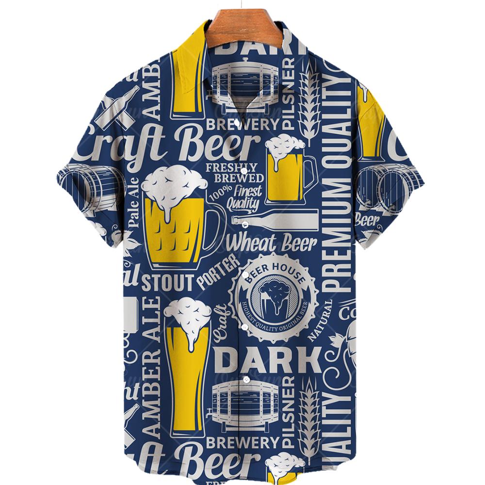 Hawaiian Beach Harajuku Shirts For Men 3D Print Beer Short Sleeve Tees Summer Vacation Style Single-Breasted Tops Lapel