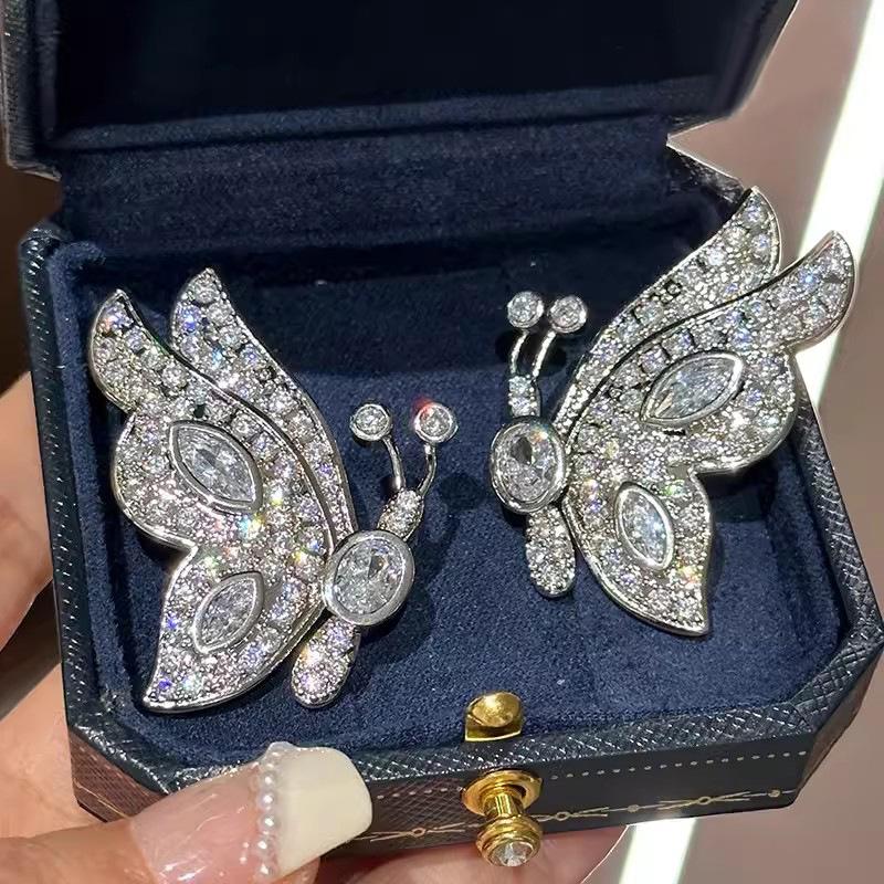 Mixed Marquise Cut and Round Cubic Zirconia Butterfly Piercing Earrings Micro Pave Crystal Silver Plated Ladies Formal Banquet Accessories