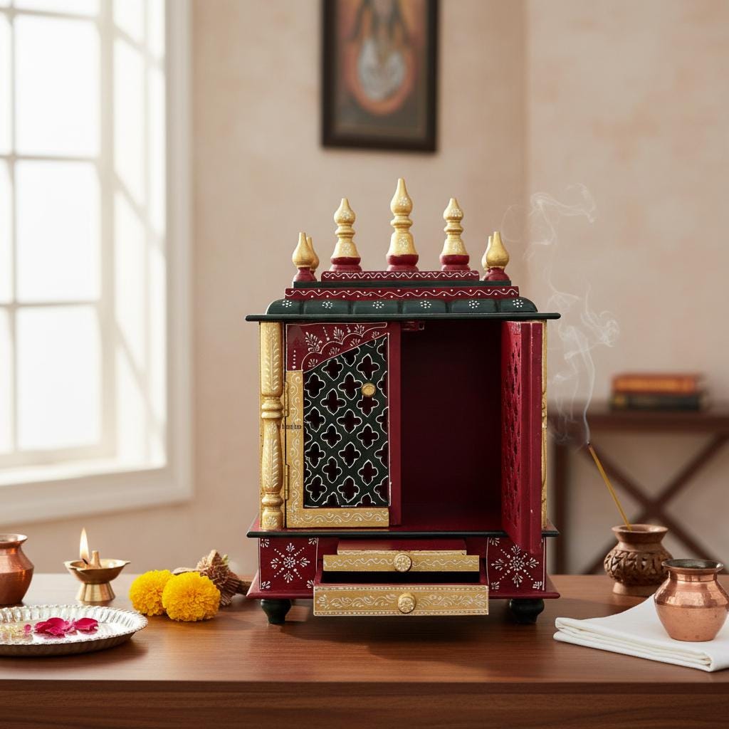 Hand-Painted Wooden Temple | Wall Mounted Pooja Home Mandir | Miniature Pooja Mandap | Rajasthani Art Shrine for Home Decor, Hindu Religion
