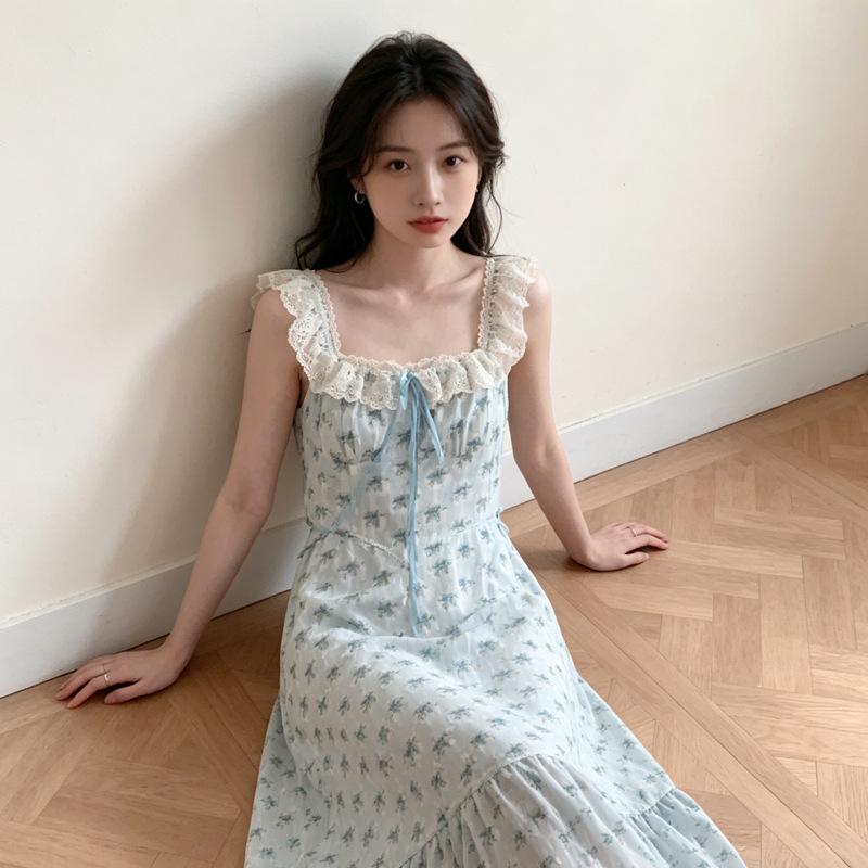 2026 New Summer French Sweet Blue Lace Floral Spaghetti Strap Dress for Women, Spring/Summer Square-Neck Long Dress