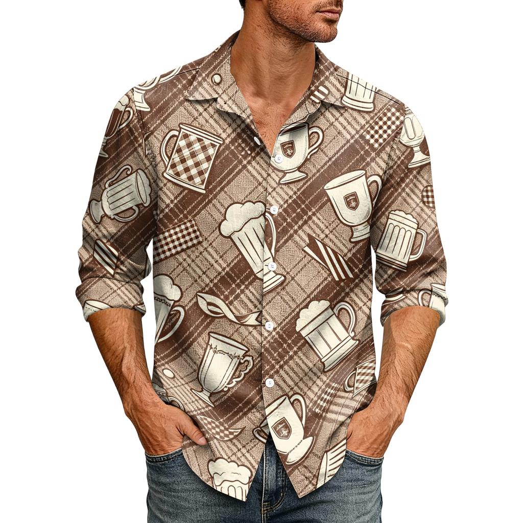 Men Loose Fit Lapel Collar Long Sleeve Shirt Vintage Style Casual Button Down Top with Graphic Print for Daily Wear and Outdoor Activities