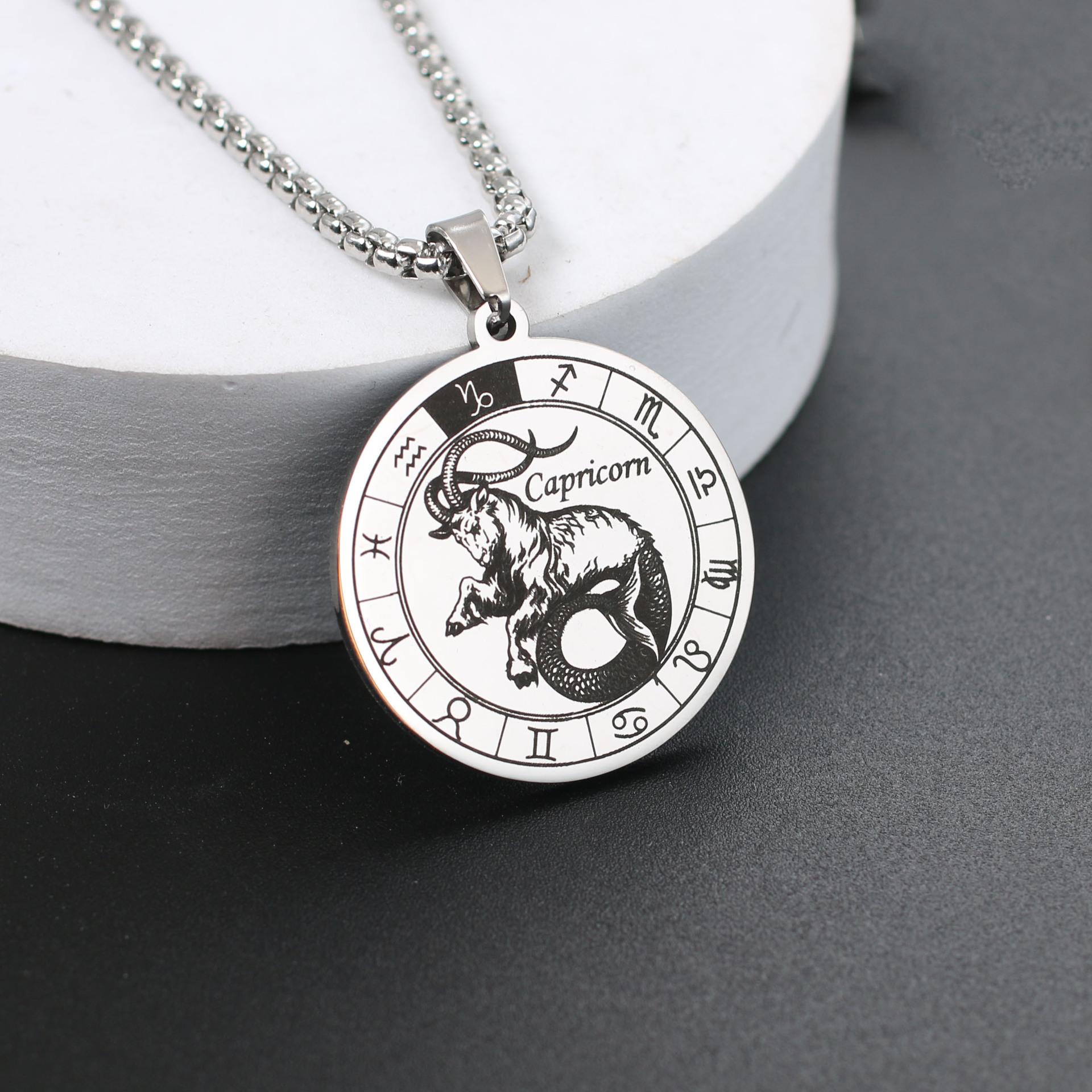 

Stainless Steel Necklace for Men Women Vintage Round Zodiac Sign 12 Constellation Libra Pendant Chain Necklaces Jewelry Wholesale Steel Capricorn