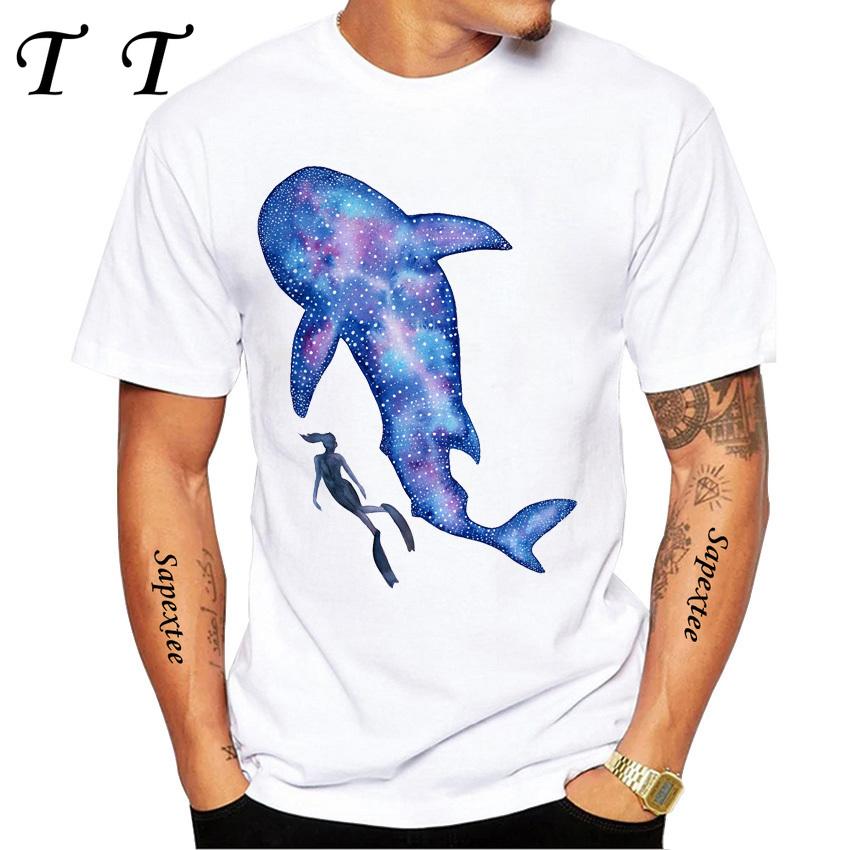 Galaxy Whale Shark Watercolor Funny T-shirt Men's Short Sleeve Summer Beach Diving Trips White Casual Tees Sea Life Boy Tops