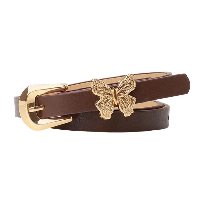 Stylish Gold Butterfly Decorated PU Leather Waist Belt Adjustable Length Waistband Sash for Dresses and Daily Outfits