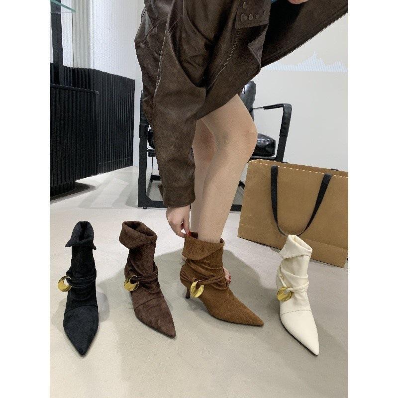 Two wear pointed suede short boots women's high heel heightening pleated pile boots western cowboy boots