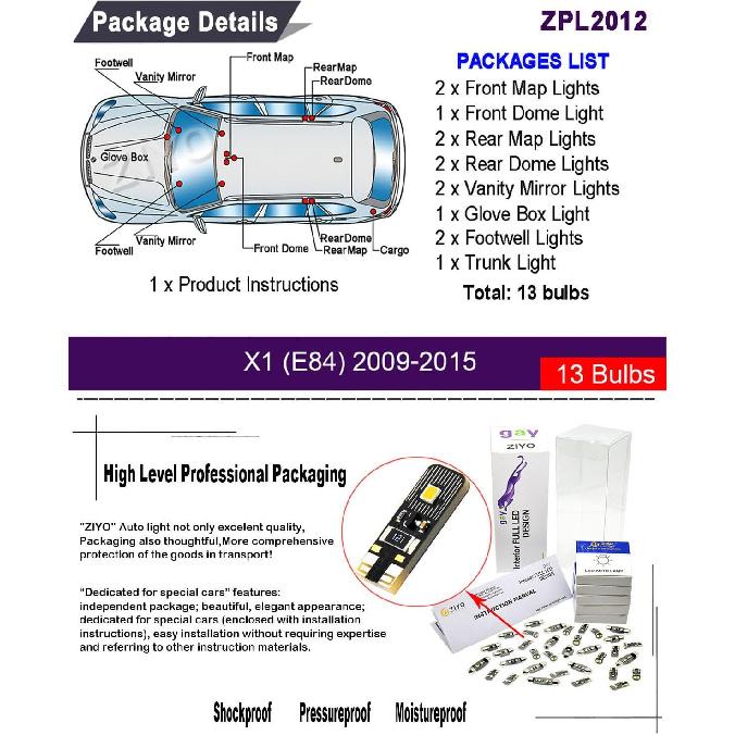 

ZIYO ZPL2012 (13 Bulbs) LED Interior Light Kit Replacement for BMW E84 X1 2009-2015 Accessories, 6000K Xenon White Dome Light Bulbs Upgrade Error