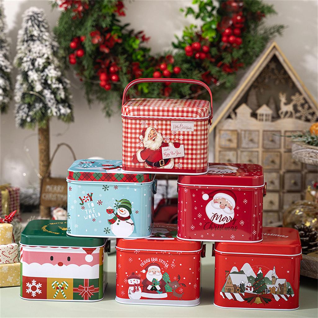 2pcs Christmas Candy Boxes with Handle Handheld Sweets Tins Portable Tinplate Candies Holders Sugar Storage Container