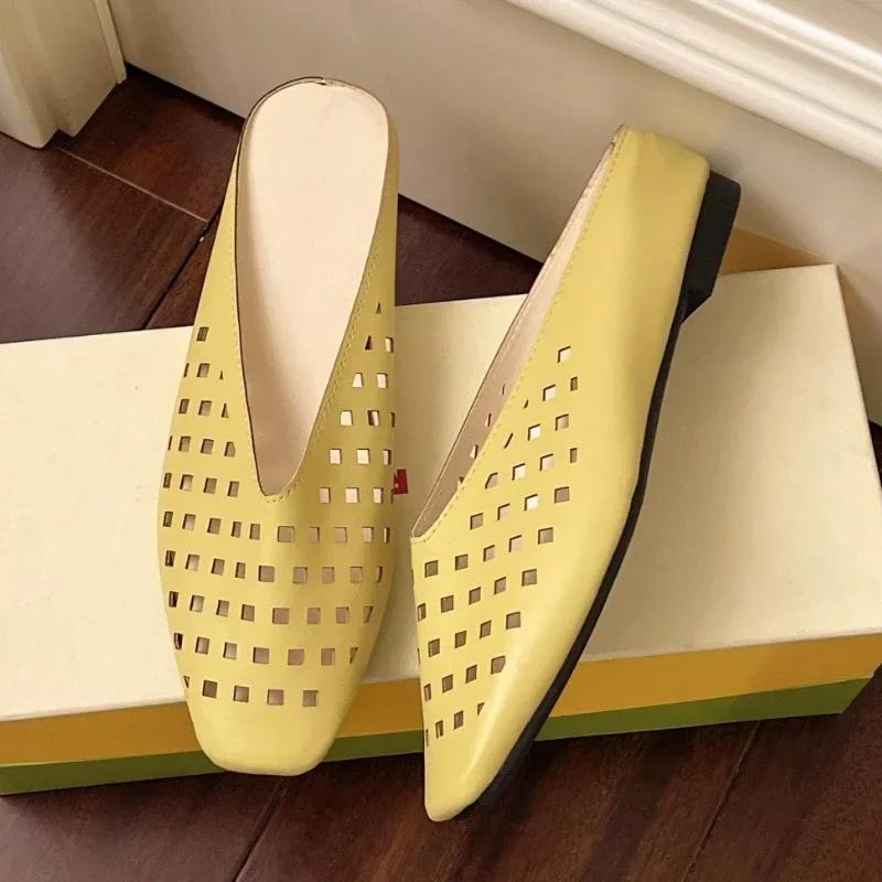 Square Toe Shallow Mouth Air Leakage Hole Soft Sole Non-slip Low Heel Shoes Summer New Baotou Soft Sole Slippers