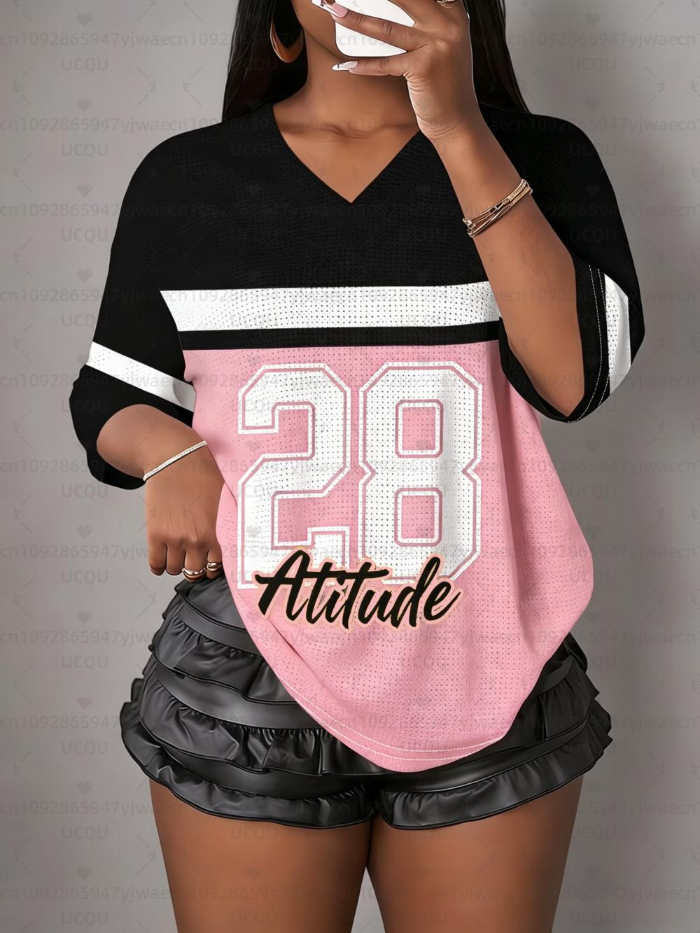 

Женская футболка с принтом Attitude №28, V-образный вырез, короткий рукав, летняя футболка с графикой, сетчатые майки с дырками, больших размеров, спортивная футболка XL