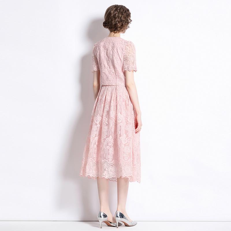 Koreanische Mode süße Spitze Set zweiteilige Rock Anzüge Spitze Stickerei Blume Kurzarm Shirt Tops Midi Rock Damen Outfits