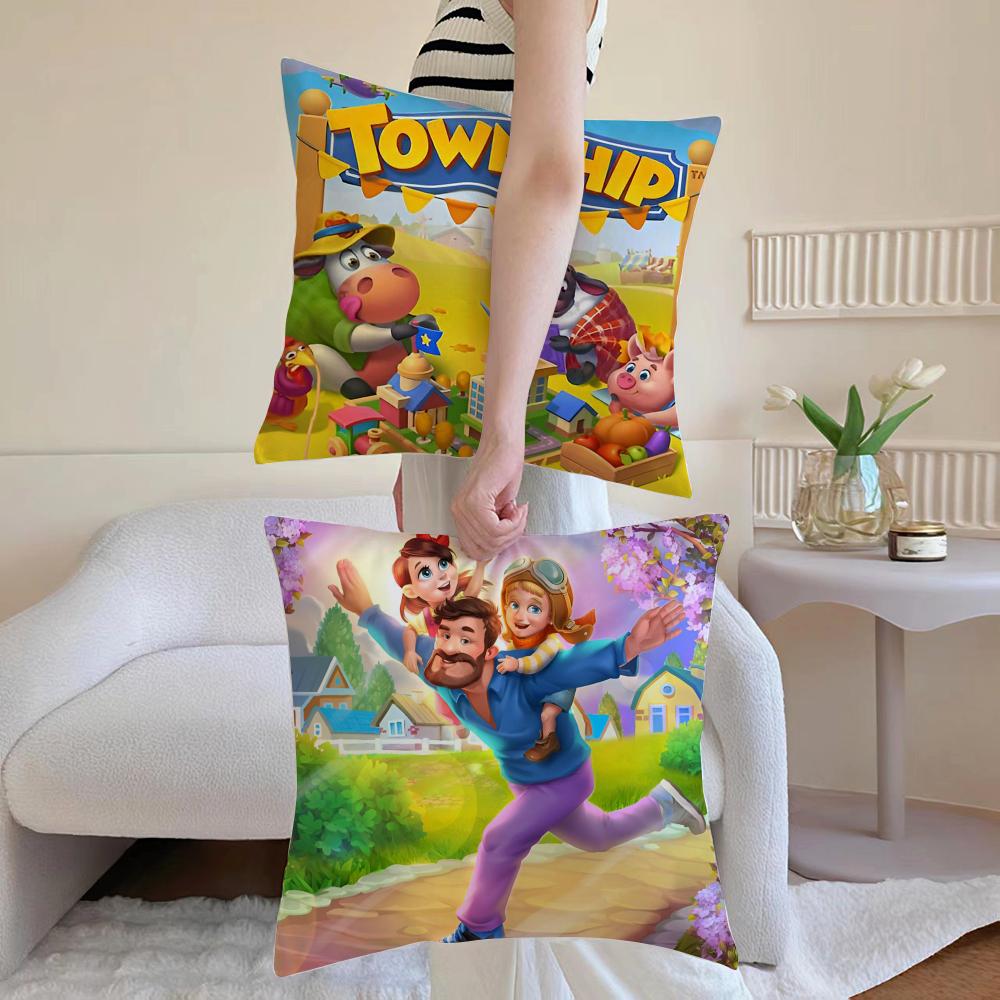 Kwaii Game Anime T-Township Cushion Cover Pillowcase Short Plush Invisible Zipper Room Sofa Cushion Cover