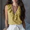 Blusa sin mangas para mujer con volantes en V, lisa, casual, corte holgado, top ligero, jersey para uso diario en la oficina