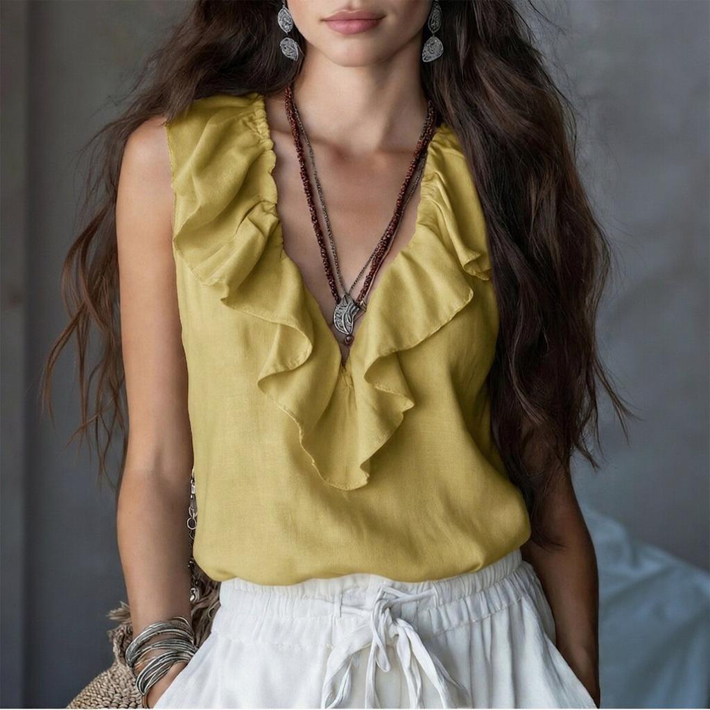 Blusa sin mangas para mujer con volantes en V, lisa, casual, corte holgado, top ligero, jersey para uso diario en la oficina