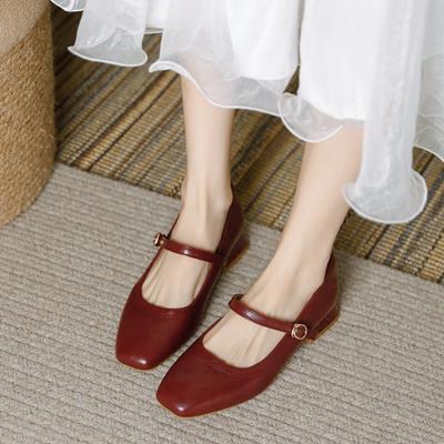 French-style Soft Leather Retro Minimalist Single Shoes, Shallow Mouth, Square Toe, Chunky Heel, Mary Jane Style, Versatile Mid-heel Women's Shoes