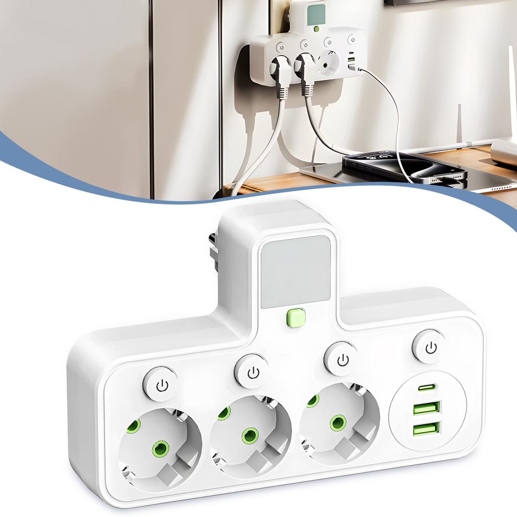 European Standard European Power Socket USB Type-c with Switch Socket, 1-to-3 Converter