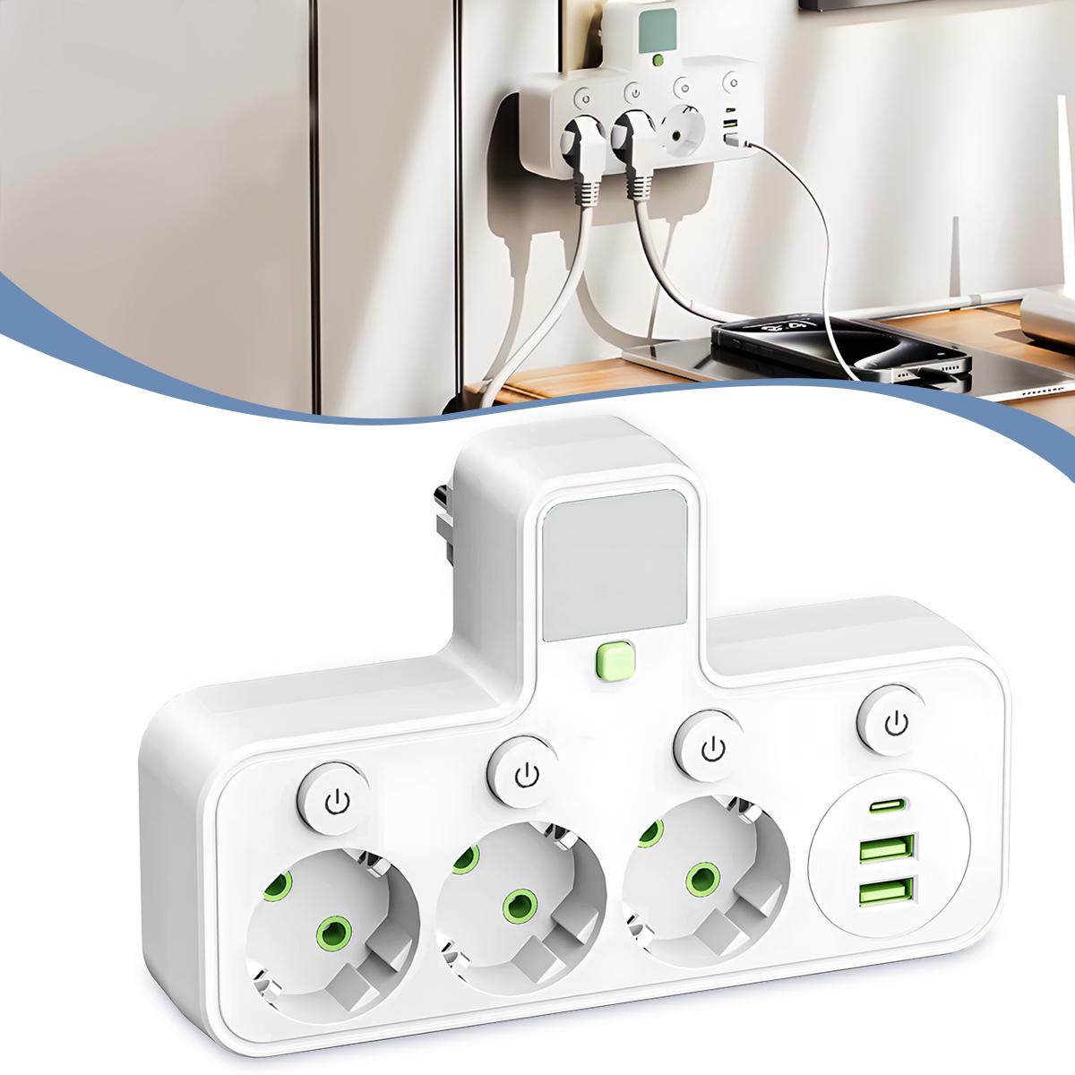 

European standard European power socket USB Type-c with switch socket, 1-to-3 converter Type1&150V&EU білий