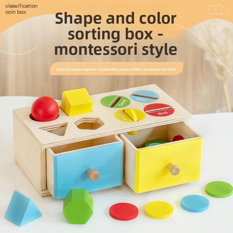 Kids Wooden Geometric Coin Box With Color Matching And Cognitive Toy Learning