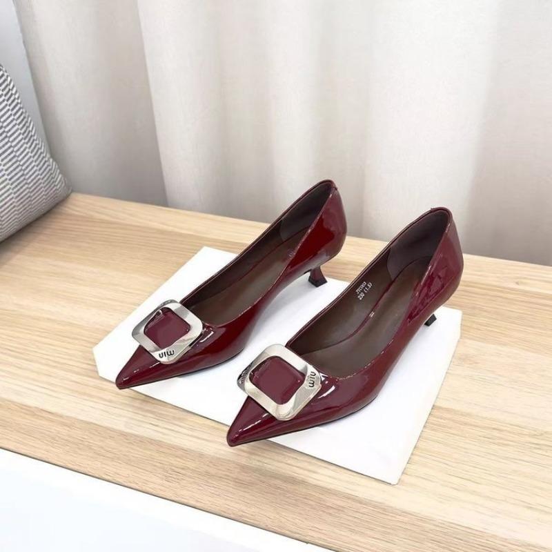 Black commuter professional pointed head thin heel light mouth single shoes nude square buckle patent leather high heels women's new models