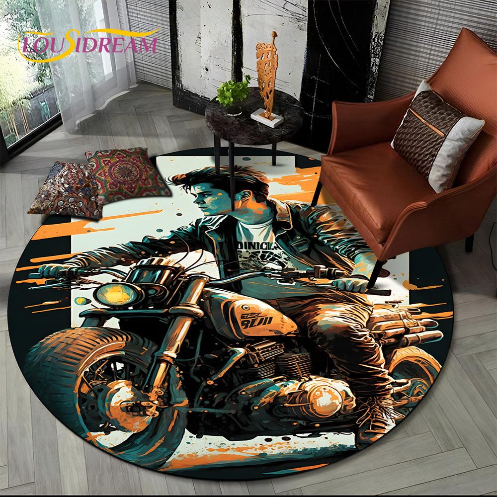 3D Retro Vintage Motorcycle Cartoon Round Area Carpet Rug for Living Room Bedroom Kid Playroom Decor,Pet Area Rug Non-slip Gift